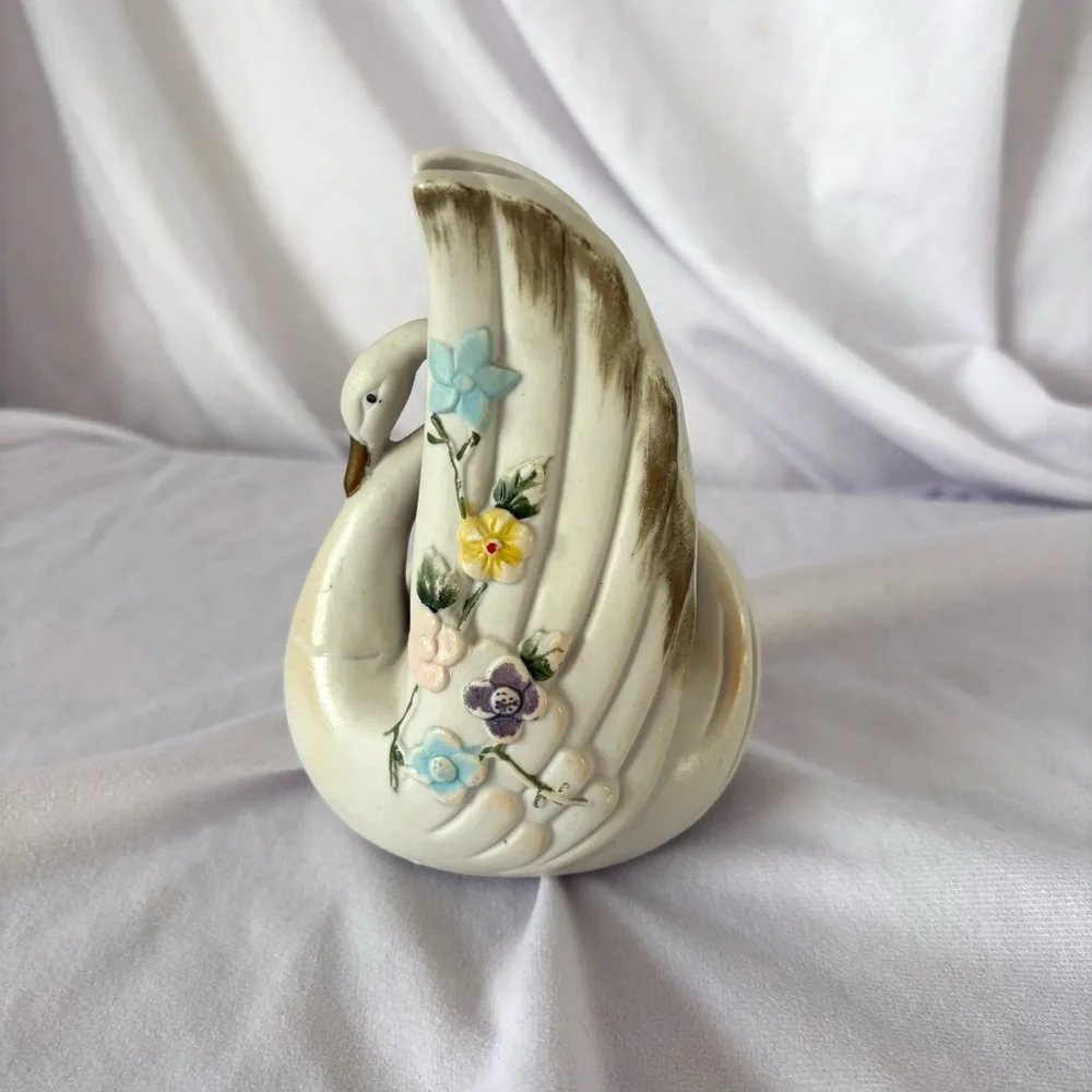 Vintage ceramic swan vase planter regency home decor figurine midcentury